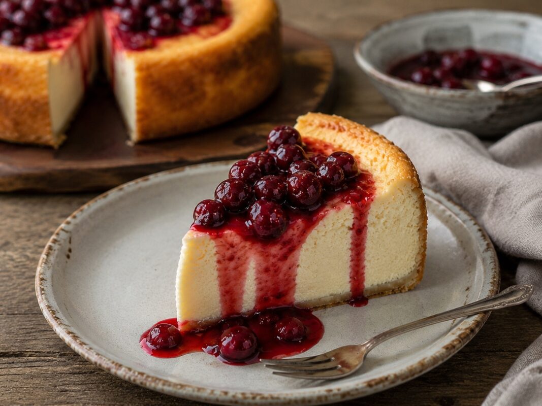 Fertiger Ricotta-Käsekuchen mit Kirschkompott als alternative Servier- oder Detailszene.