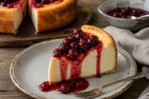 Fertiger Ricotta-Käsekuchen mit Kirschkompott als alternative Servier- oder Detailszene.