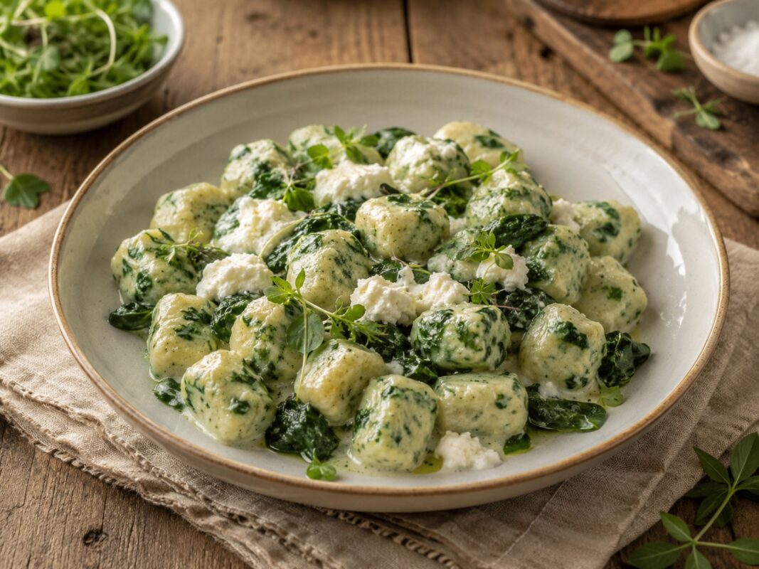 Großer heller Teller mit Ricotta-Spinat-Gnocchi, cremiger Sauce, Spinat und weißen Käseflocken.