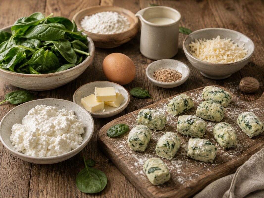 Zutaten- und Vorbereitungsansicht mit Ricotta, Blattspinat, Ei, Mehl, Käse, Butter und geformten Gnocchi auf rustikalem Holztisch.