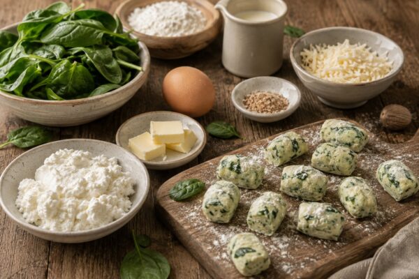 Zutaten- und Vorbereitungsansicht mit Ricotta, Blattspinat, Ei, Mehl, Käse, Butter und geformten Gnocchi auf rustikalem Holztisch.