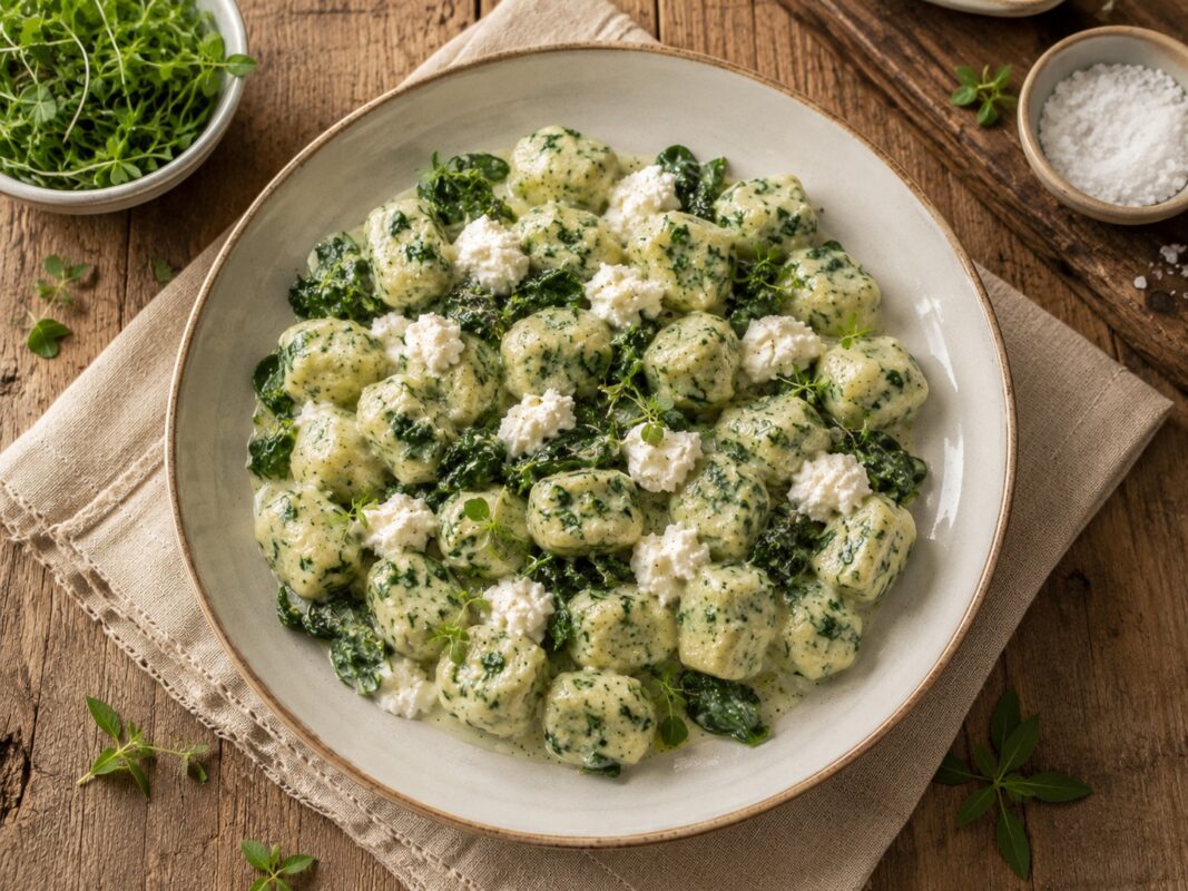 Fertige Ricotta-Spinat-Gnocchi mit cremiger Sauce, Spinat und weißen Käseflocken in einer neuen Draufsicht.