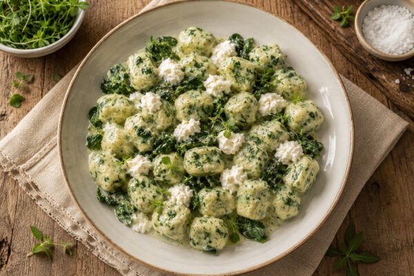 Fertige Ricotta-Spinat-Gnocchi mit cremiger Sauce, Spinat und weißen Käseflocken in einer neuen Draufsicht.