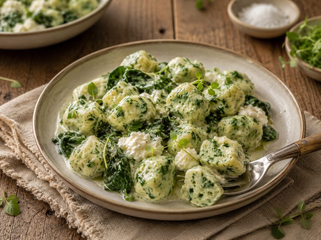 Nahe Servieransicht der Ricotta-Spinat-Gnocchi mit cremiger Sauce und einer angeschnittenen Gnocchi für mehr Detail.