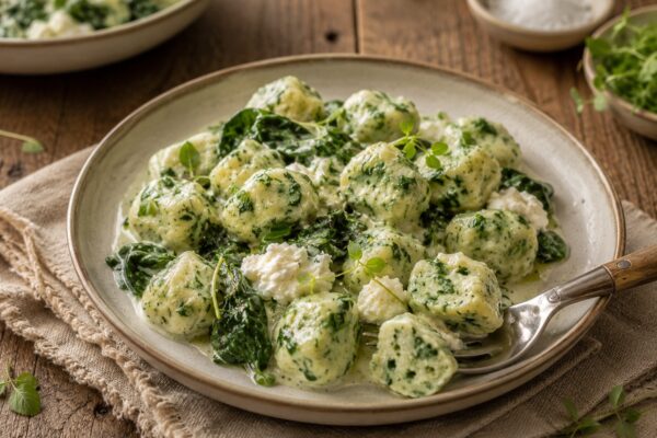 Nahe Servieransicht der Ricotta-Spinat-Gnocchi mit cremiger Sauce und einer angeschnittenen Gnocchi für mehr Detail.