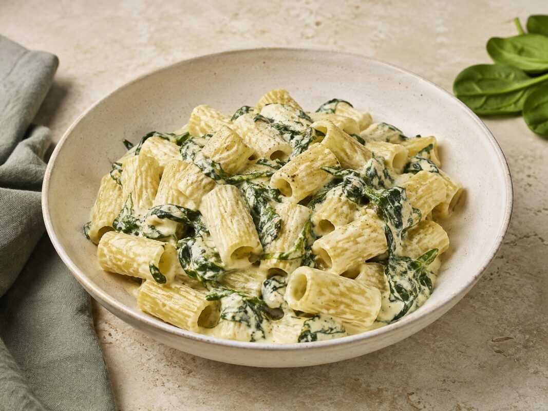 Eine helle Keramikschale mit cremigen Rigatoni, sichtbarem Blattspinat und heller Mascarpone-Sauce.