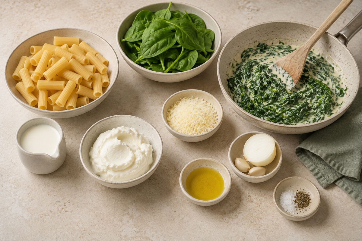 Zutaten- und Vorbereitungsansicht mit Rigatoni, frischem Blattspinat, Mascarpone, Milch, geriebenem Hartkäse, Zwiebel, Knoblauch, Olivenöl sowie einer bereits angerührten cremigen Spinatsauce.