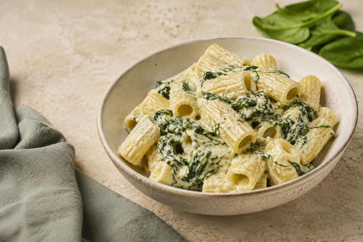 Fertige Rigatoni mit Blattspinat in heller cremiger Mascarpone-Sauce in einer flachen hellen Keramikschale, aus einer anderen Perspektive als Bild 1.