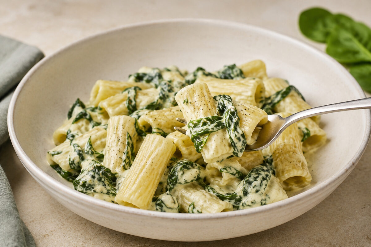 Detail- und Servierszene der cremigen Rigatoni mit Spinat; eine Gabel hebt mehrere mit Mascarpone-Sauce überzogene Rigatoni und Spinatblätter aus der Schale.