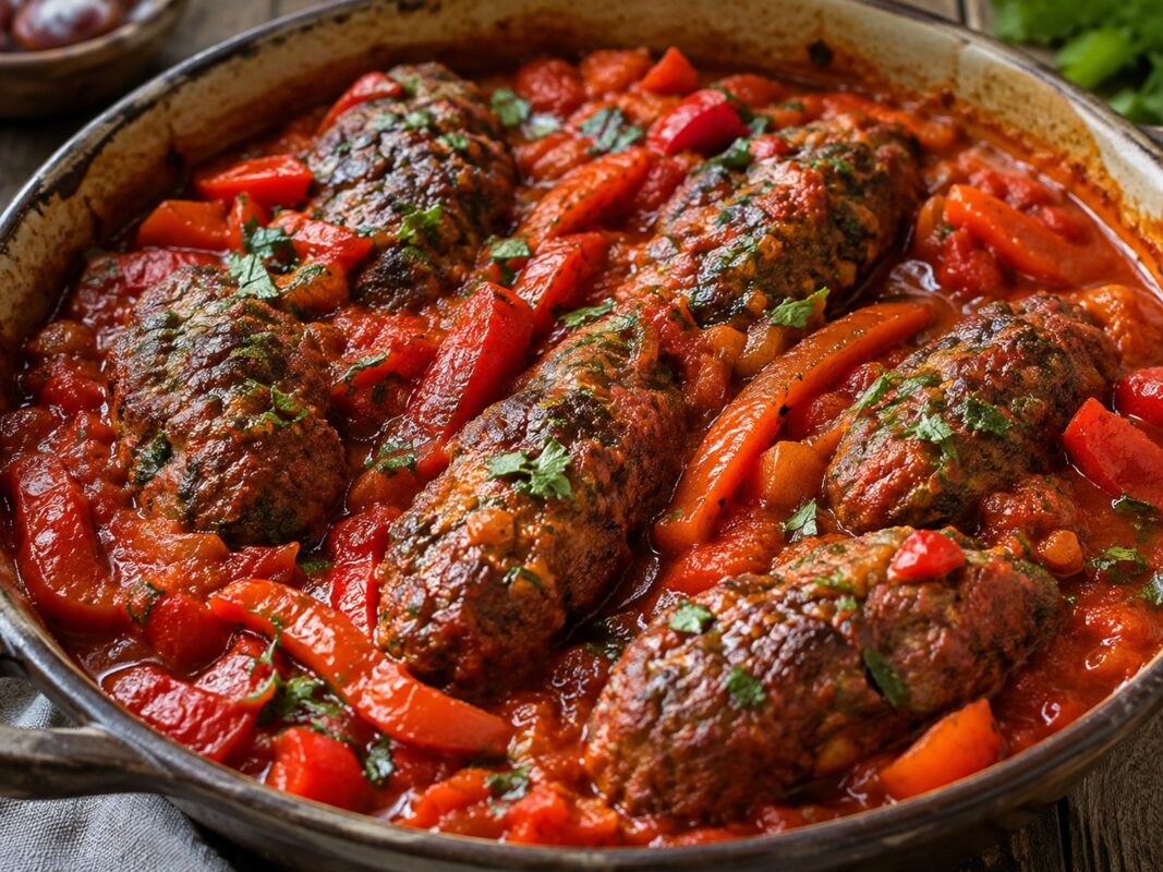 Mehrere längliche Rinder-Kofta in dicker roter Paprika-Tomatensauce, mit Kräutern garniert.