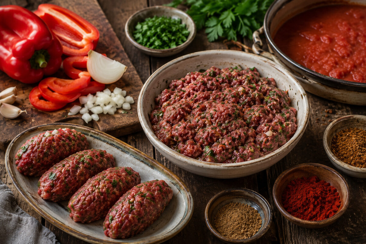 Zutaten- und Vorbereitungsansicht mit gewürztem Rinderhack, geformten länglichen Kofta, roter Paprika, Zwiebel, Knoblauch, Petersilie, Tomatensauce und passenden Gewürzen auf dunklem rustikalem Holztisch.