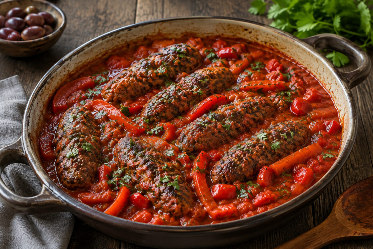 Fertige Rinder-Kofta in dicker roter Paprika-Tomatensauce in einer rustikalen flachen Pfanne, aus deutlich anderer Perspektive als Bild 1.