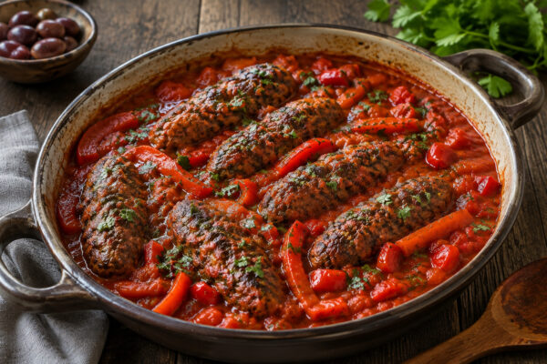 Fertige Rinder-Kofta in dicker roter Paprika-Tomatensauce in einer rustikalen flachen Pfanne, aus deutlich anderer Perspektive als Bild 1.