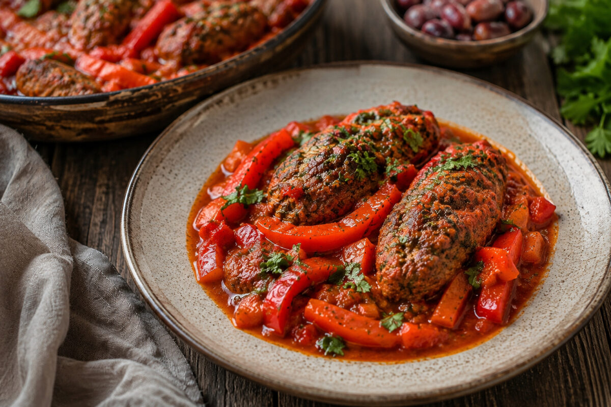 Servierszene mit portionierten Rinder-Kofta und Paprika-Tomatensauce auf einem rustikalen Teller, im Hintergrund die Pfanne derselben Serie.