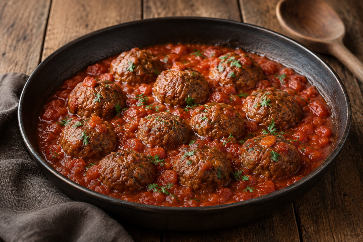 Fertiges Gericht: Rinderbällchen in stückiger Tomatensauce, Hauptansicht.