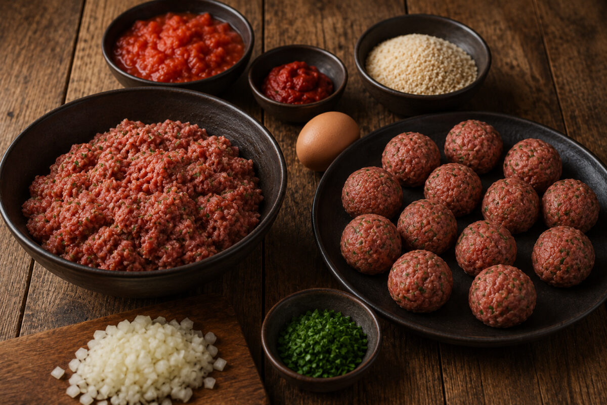 Zutaten- und Vorbereitungsansicht mit Rinderhack, geformten Bällchen, Zwiebel, Ei, Semmelbröseln, Tomaten/Tomatenmark und Petersilie.