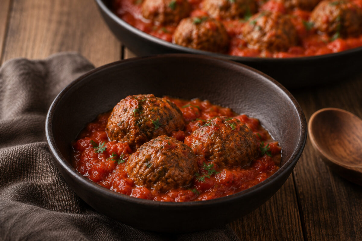Servierszene mit portionierten Rinderbällchen in Tomatensauce im Vordergrund.