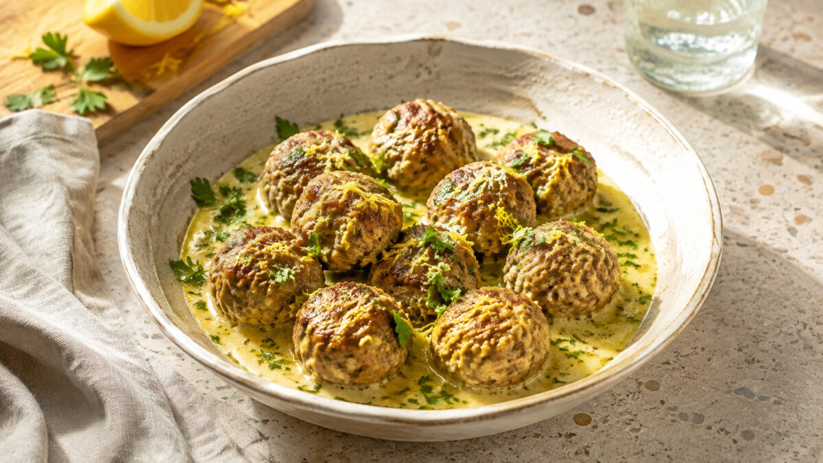 Hauptansicht des fertigen Gerichts. Rezept: Rinderbällchen mit Zitronen-Kräuter-Sauce