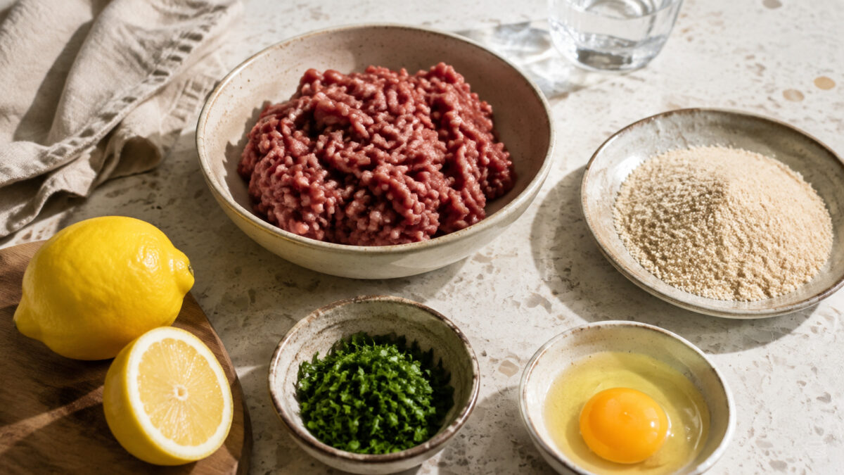 Zutaten- und Vorbereitungsansicht. Rezept: Rinderbällchen mit Zitronen-Kräuter-Sauce