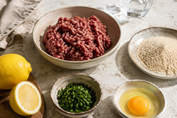 Zutaten- und Vorbereitungsansicht. Rezept: Rinderbällchen mit Zitronen-Kräuter-Sauce
