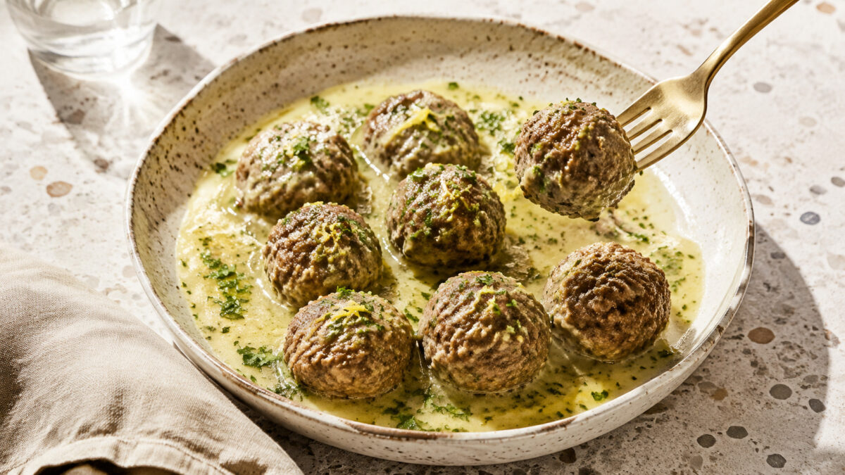 Servierszene mit dem fertigen Gericht. Rezept: Rinderbällchen mit Zitronen-Kräuter-Sauce