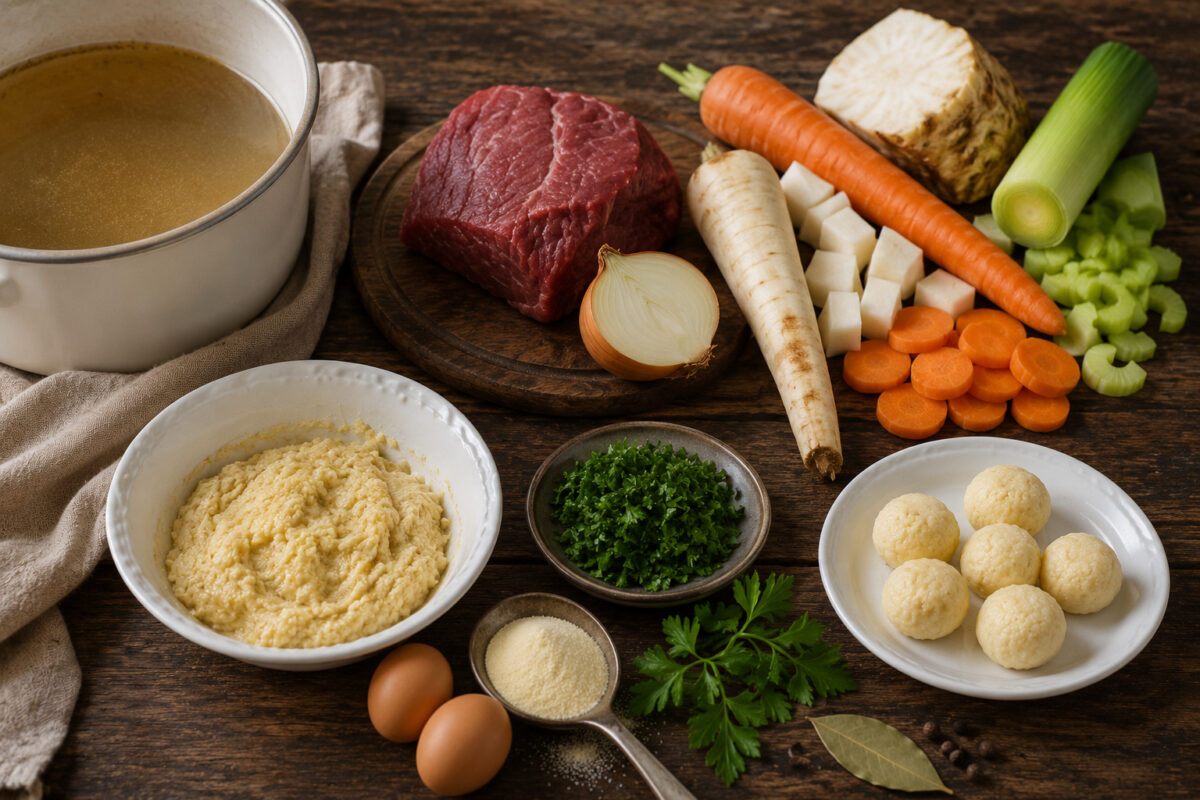 Vorbereitungsansicht mit Rindfleisch, klarer Brühe, Karotten, Petersilienwurzel, Knollensellerie, Lauch, Zwiebel, Eiern, Hartweizengrieß, Petersilie, Lorbeer und Pfeffer sowie geformten Grießklößchen.