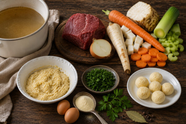 Vorbereitungsansicht mit Rindfleisch, klarer Brühe, Karotten, Petersilienwurzel, Knollensellerie, Lauch, Zwiebel, Eiern, Hartweizengrieß, Petersilie, Lorbeer und Pfeffer sowie geformten Grießklößchen.