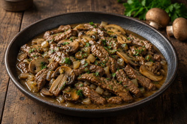 Fertiges Rindergeschnetzeltes mit Champignons und Zwiebeln in brauner Sauce, mit Petersilie, in dunkler rustikaler Schale.