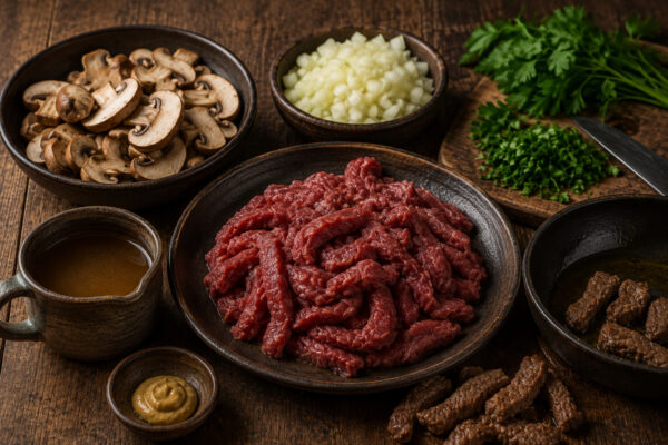 Vorbereitungsansicht mit rohen Rindfleischstreifen, geschnittenen Champignons, gewürfelter Zwiebel, Petersilie, Brühe und Senf.