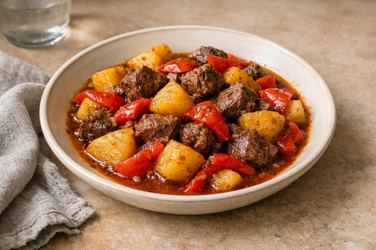 Hauptansicht des fertigen Gerichts. Rezept: Rindergulasch mit Paprika und Kartoffeln