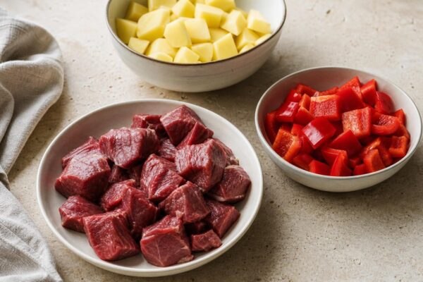 Zutaten- und Vorbereitungsansicht. Rezept: Rindergulasch mit Paprika und Kartoffeln