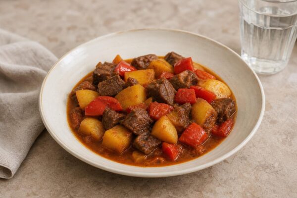 Fertiges Gericht aus einer alternativen Perspektive. Rezept: Rindergulasch mit Paprika und Kartoffeln