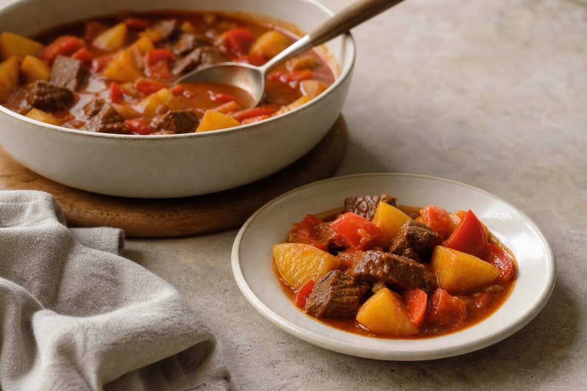Servierszene mit dem fertigen Gericht. Rezept: Rindergulasch mit Paprika und Kartoffeln