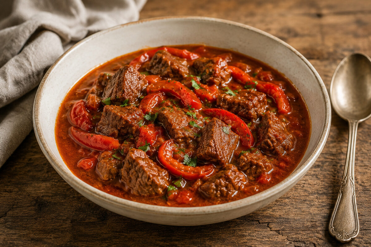 Fertiges Rindergulasch mit sichtbaren Rindfleischstücken und roten Paprikastreifen in kräftiger rotbrauner Sauce; Hauptansicht in heller Schale auf rustikalem Holztisch.