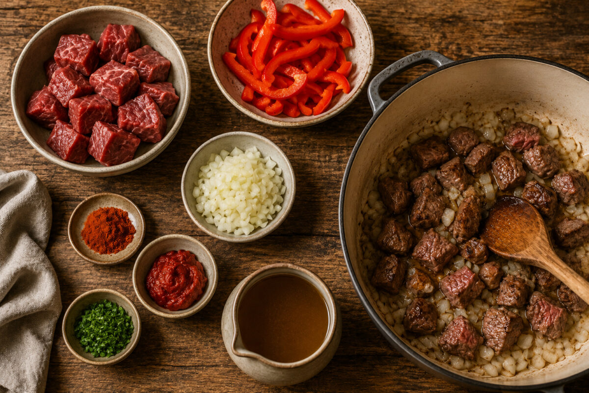 Zutaten- und Vorbereitungsansicht mit Rindfleischwürfeln, roten Paprikastreifen, Zwiebeln, Tomatenmark, Paprikapulver, Petersilie und Brühe sowie beginnendem Anbraten im Topf.