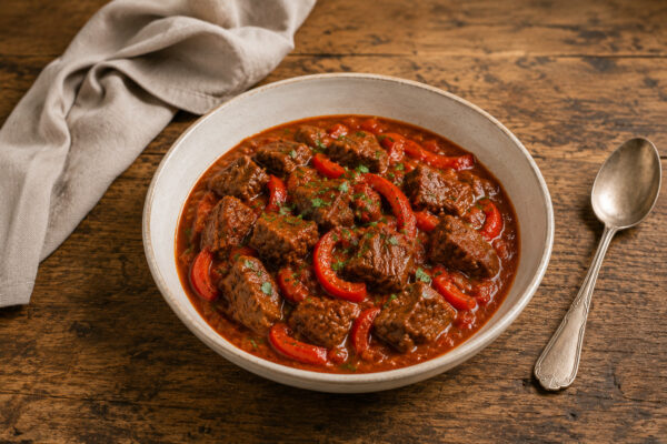 Fertiges Rindergulasch in heller Schale aus deutlich anderer, etwas höherer Perspektive; Rindfleischstücke, rote Paprika, Sauce und Petersilie klar sichtbar.