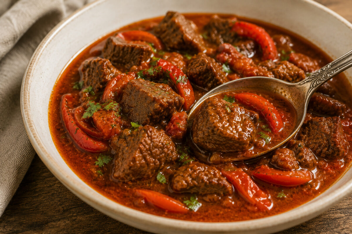 Detail- und Servierszene des fertigen Rindergulaschs mit Löffel, Rindfleischstücken, roten Paprikastreifen und kräftiger Sauce.