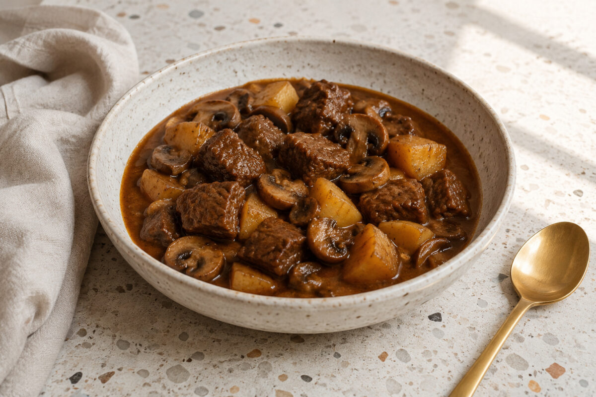 Hauptansicht des fertigen Gerichts. Rezept: Rindergulasch mit Pilzen und Kartoffeln
