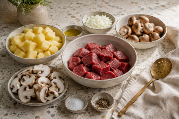 Zutaten- und Vorbereitungsansicht. Rezept: Rindergulasch mit Pilzen und Kartoffeln