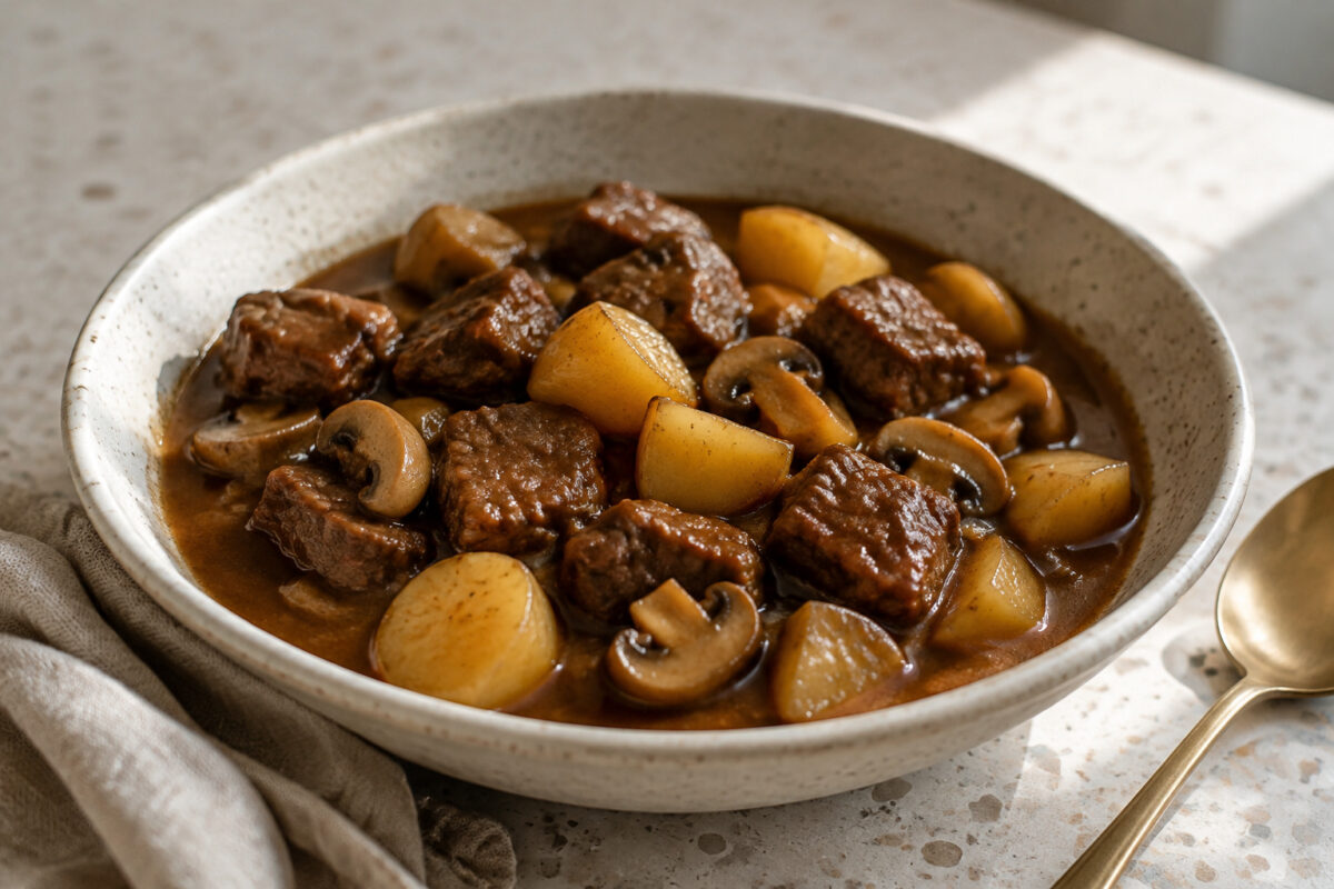 Fertiges Gericht aus alternativer Perspektive. Rezept: Rindergulasch mit Pilzen und Kartoffeln