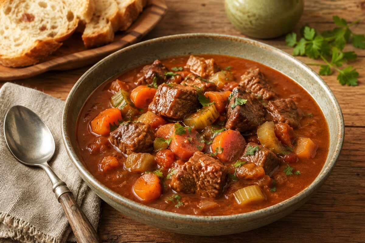 Tiefer Teller oder Schale mit kräftigem Rindergulasch, gut sichtbaren Fleischwürfeln, Möhren und Sellerie in sämiger Sauce.