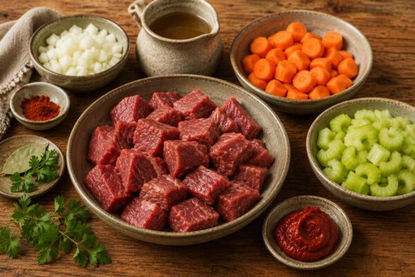 Zutaten- und Vorbereitungsansicht mit gewürfeltem Rindfleisch, Möhren, Staudensellerie, Zwiebeln, Tomatenmark, Brühe, Paprikapulver, Lorbeer und Petersilie im rustikalen Serienlook.