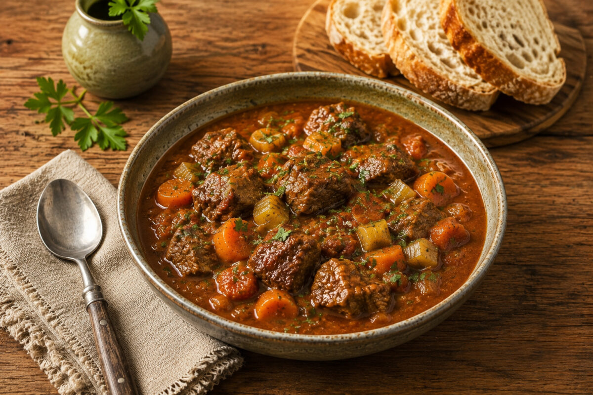 Fertiges Rindergulasch in rustikaler Keramikschale aus deutlich veränderter Perspektive, mit sichtbaren Rindfleischwürfeln, Möhren und Sellerie in rotbrauner Sauce.