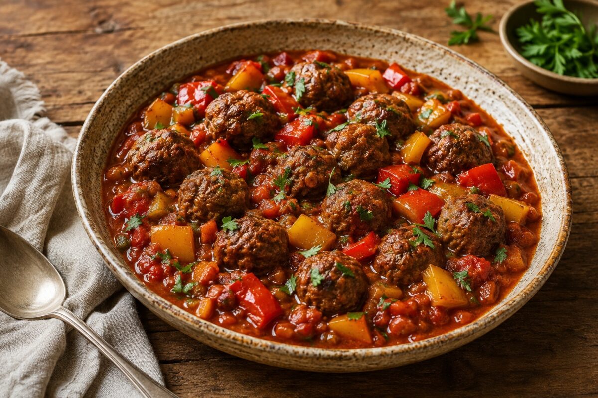 Große flache beige Keramikschale mit Rinderhackbällchen in roter Tomaten-Paprika-Sauce, mit roten und gelben Paprikastücken und Petersilie.