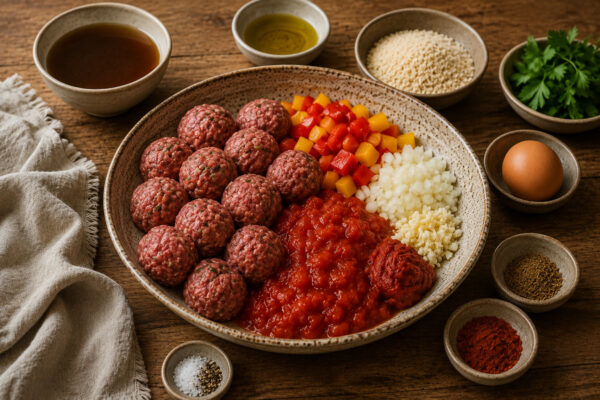 Zutaten- und Vorbereitungsansicht in derselben großen flachen beige gesprenkelten Keramikschale mit geformten rohen Rinderhackbällchen, gewürfelter roter und gelber Paprika, fein gewürfelter Zwiebel, gehacktem Knoblauch, stückigen Tomaten, Tomatenmark so…