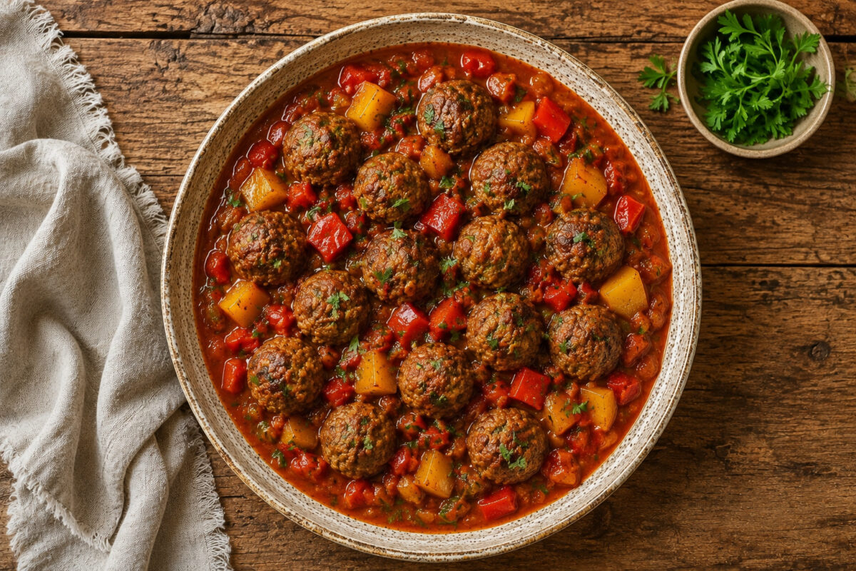 Draufsicht auf die fertigen Rinderhackbällchen in roter Tomaten-Paprika-Sauce in derselben großen flachen beige gesprenkelten Keramikschale; alle Hackbällchen sowie rote und gelbe Paprikastücke und Petersilie bleiben vollständig sichtbar.