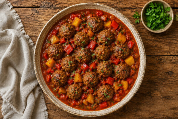 Draufsicht auf die fertigen Rinderhackbällchen in roter Tomaten-Paprika-Sauce in derselben großen flachen beige gesprenkelten Keramikschale; alle Hackbällchen sowie rote und gelbe Paprikastücke und Petersilie bleiben vollständig sichtbar.