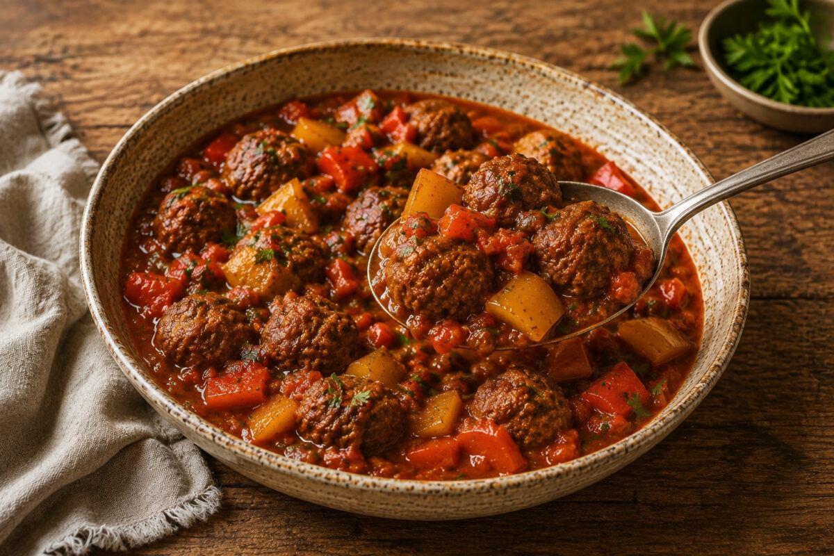 Serviersituation mit einer neutralen Servierlöffel-Portion aus derselben großen flachen beige gesprenkelten Keramikschale; der Löffel hebt Rinderhackbällchen mit roter Tomaten-Paprika-Sauce, roten und gelben Paprikastücken und Petersilie an.