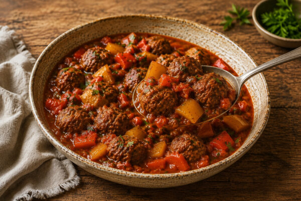 Serviersituation mit einer neutralen Servierlöffel-Portion aus derselben großen flachen beige gesprenkelten Keramikschale; der Löffel hebt Rinderhackbällchen mit roter Tomaten-Paprika-Sauce, roten und gelben Paprikastücken und Petersilie an.