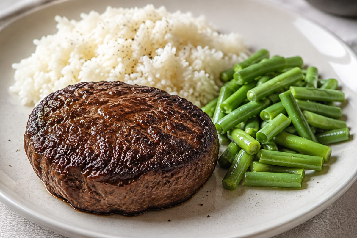 Alternative Perspektive des fertigen Gerichts: Rinderhacksteak als klarer Hauptbestandteil; Reis und Brechbohnen getrennt und mit sichtbaren Zwischenräumen daneben angerichtet. Kein Eintopf, keine Bowl, keine vermischte One-Pot-Darstellung. Etwas näher a…